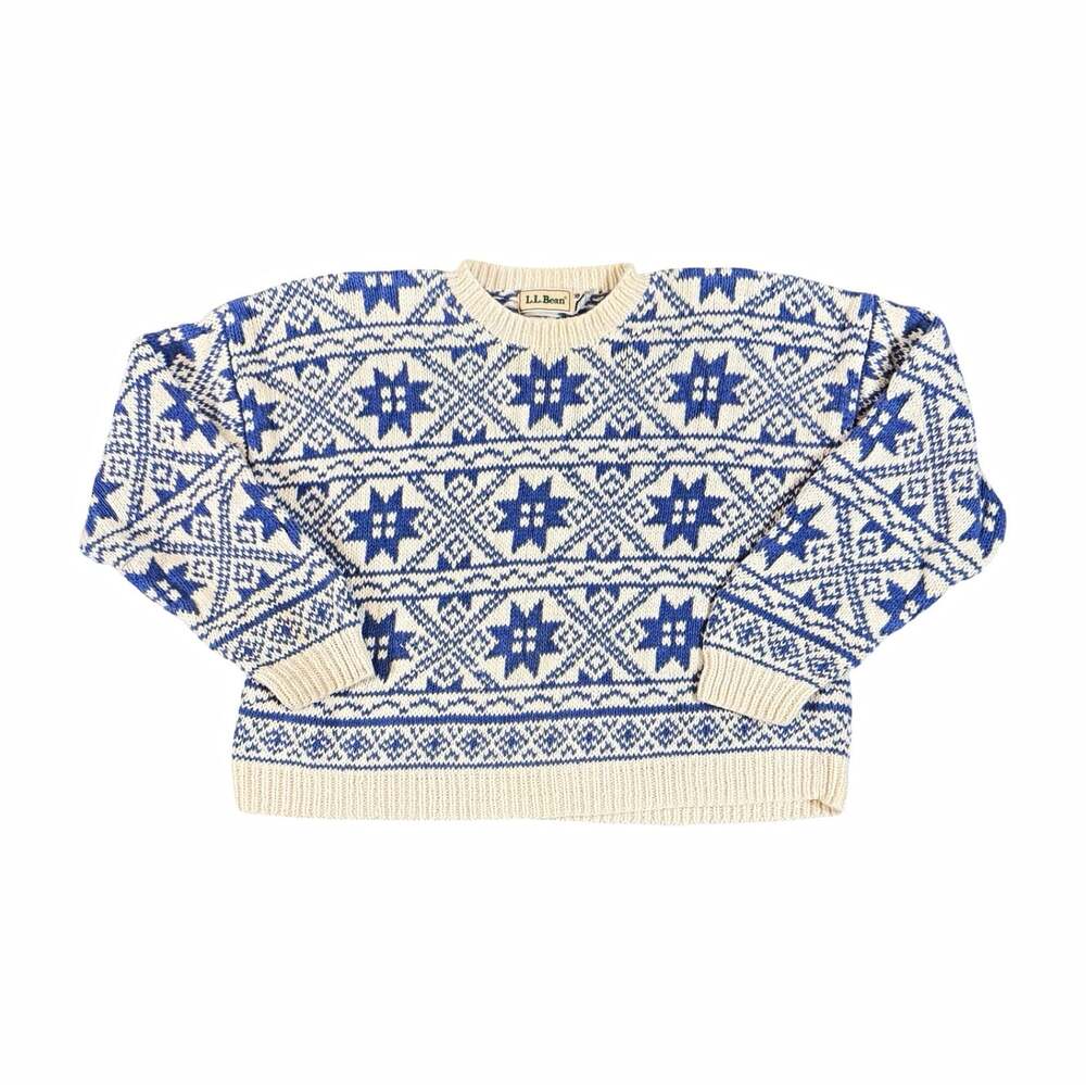 L.L.Bean women’s Sweater XL Blue Ivory Fair Isle Wool Knit Crewneck Pullover